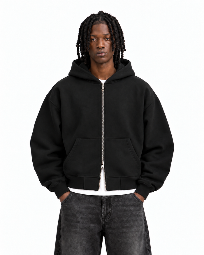 Boxy Oversized Zip-Up Hoodie in Black