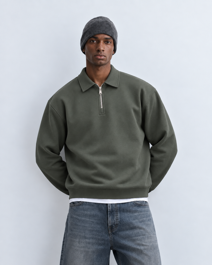Boxy Regular Fit Zip Polo In Dark Green