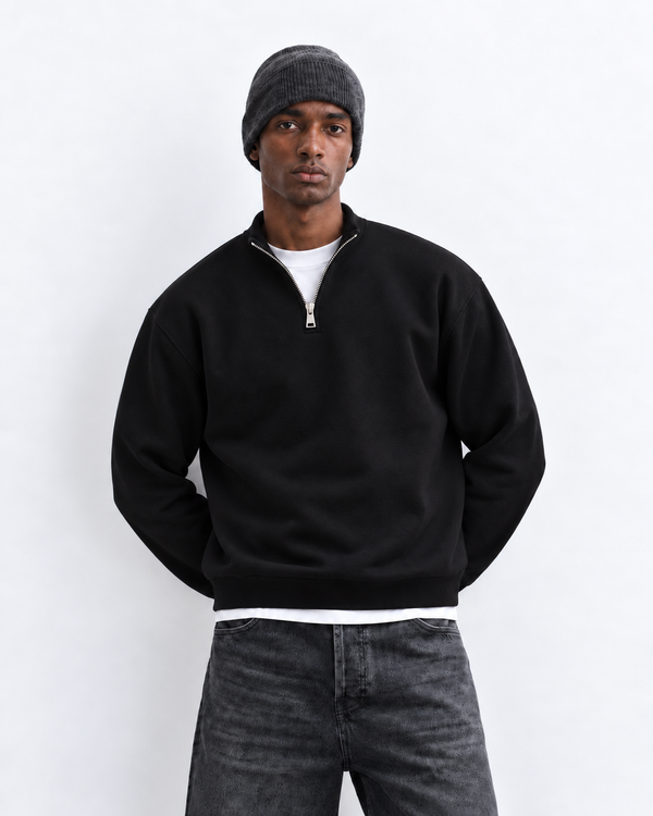 Boxy Regular Fit Quarter-Zip in Black