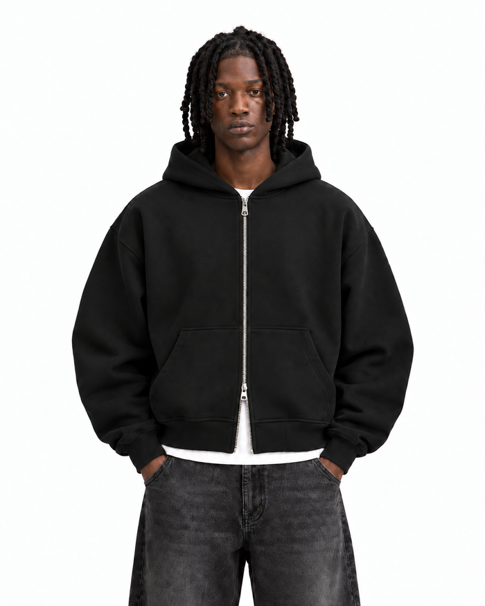 Boxy Oversized Zip-Up Hoodie in Black