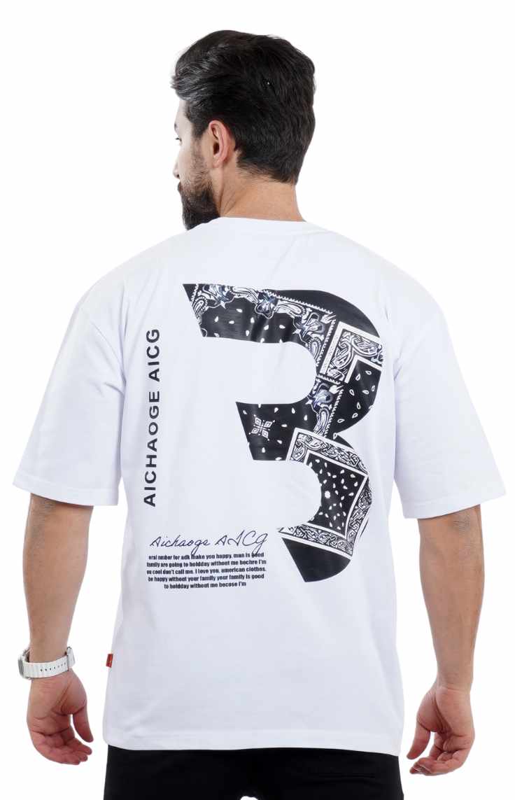 تي شيرت اوفر سايز مع طباعة خلفية باللون الأبيض