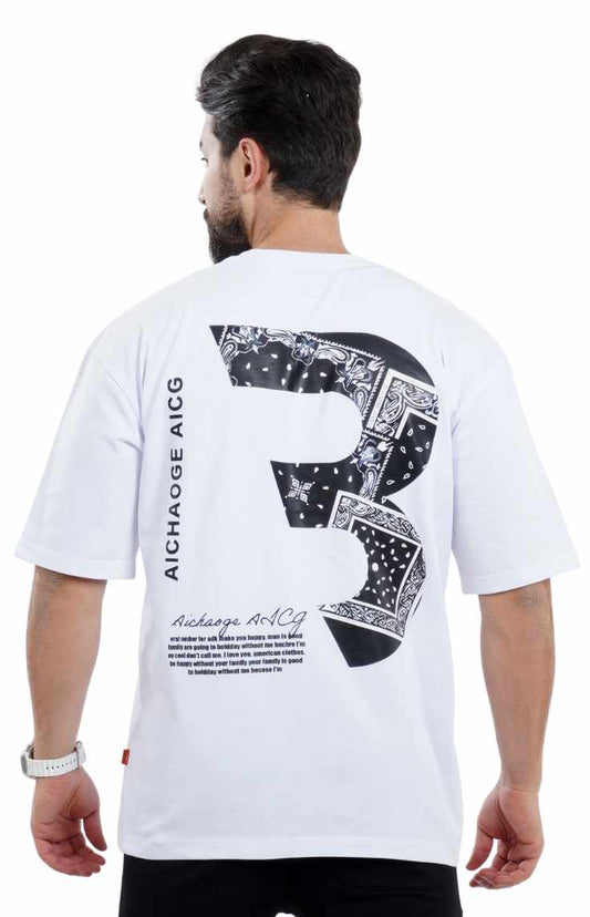 تي شيرت اوفر سايز مع طباعة خلفية باللون الأبيض