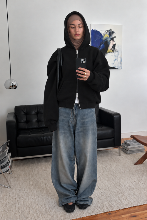 Boxy Oversized Zip-Up Hoodie in Black