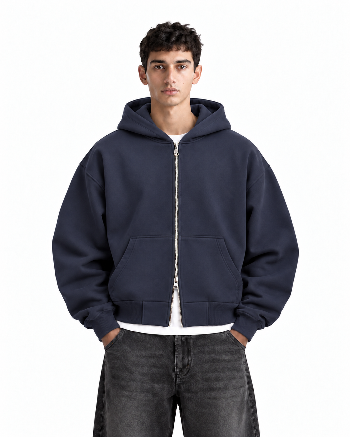 Boxy Oversized Zip-Up Hoodie in Dark Navy
