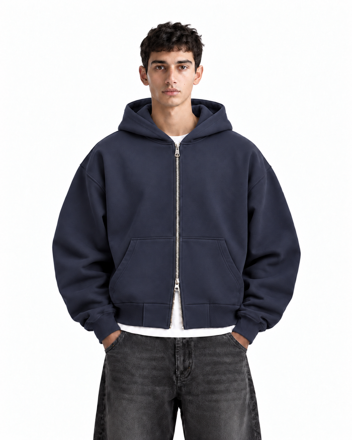 Boxy Oversized Zip-Up Hoodie in Dark Navy