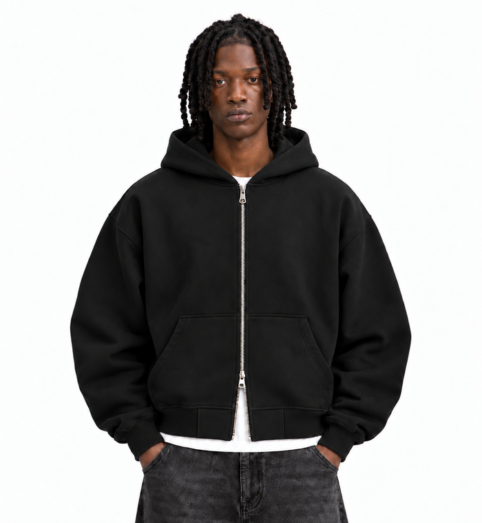 Boxy Oversized Zip-Up Hoodie in Black