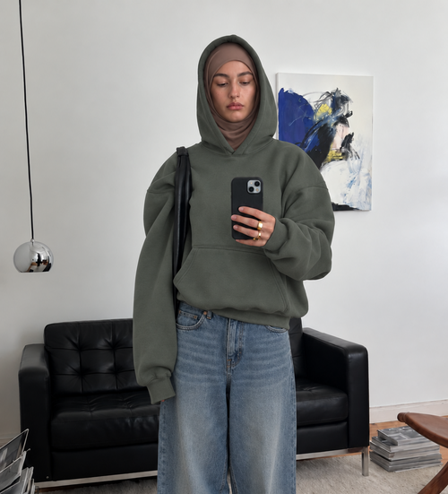 Boxy Oversized Hoodie in Muted Olive