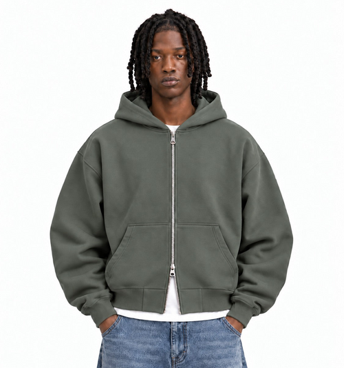 Boxy Oversized Zip-Up Hoodie in Muted Olive