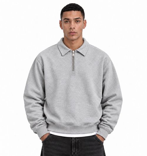 Boxy Regular Fit Zip Polo In Light Gray