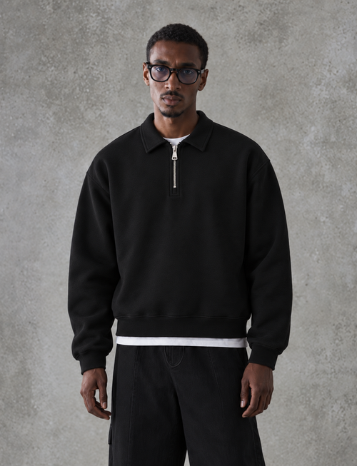 Boxy Regular Fit Zip Polo In Black