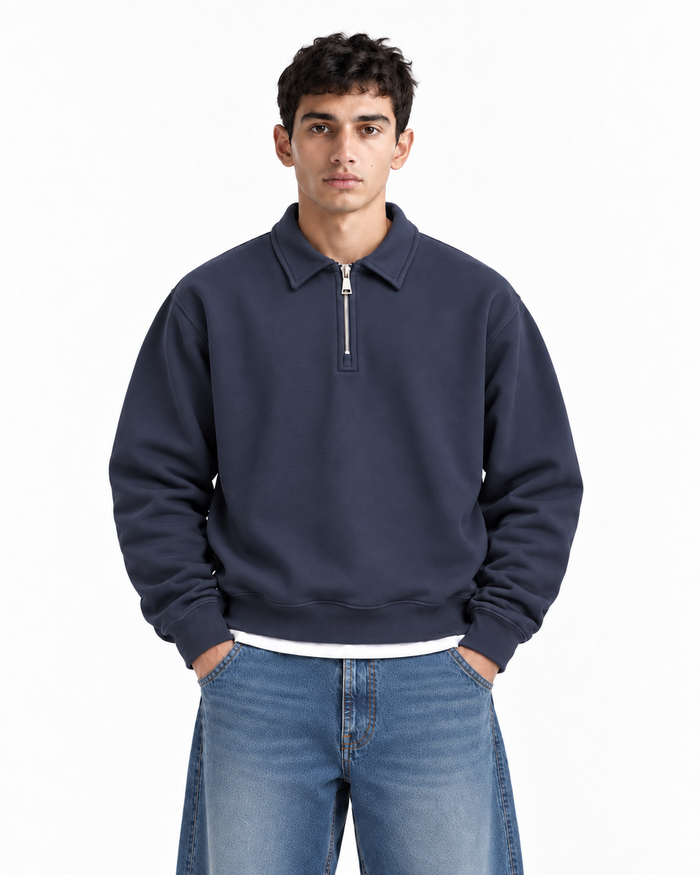 Boxy Regular Fit Zip Polo In Blue