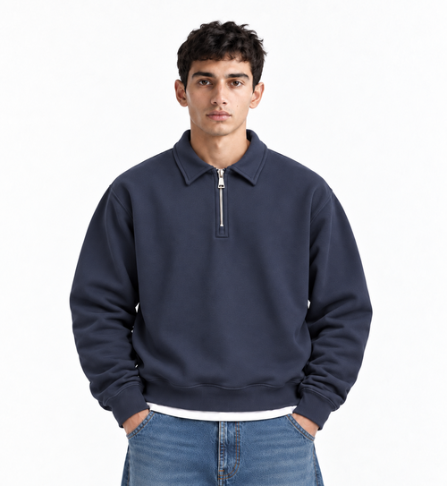 Boxy Regular Fit Zip Polo In Dark Navy