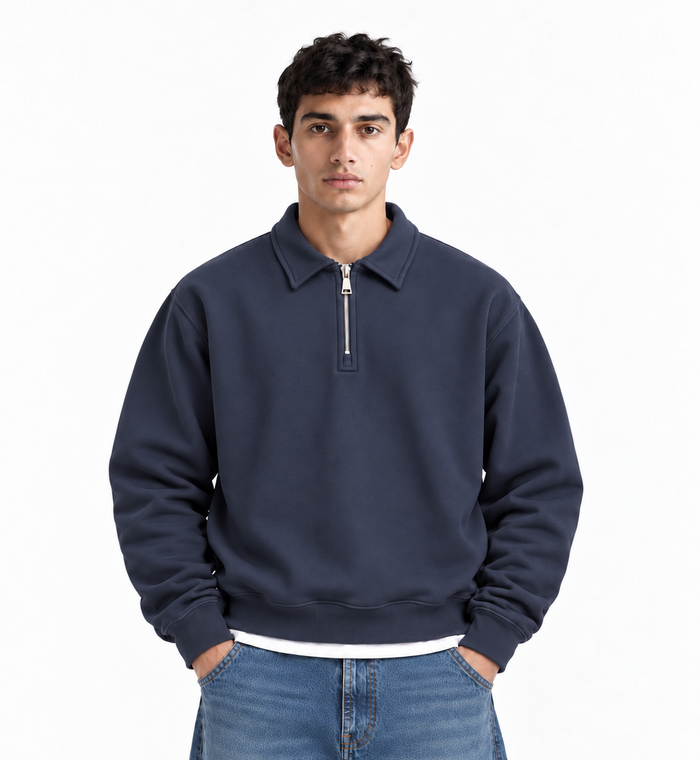 Boxy Regular Fit Zip Polo In Dark Navy