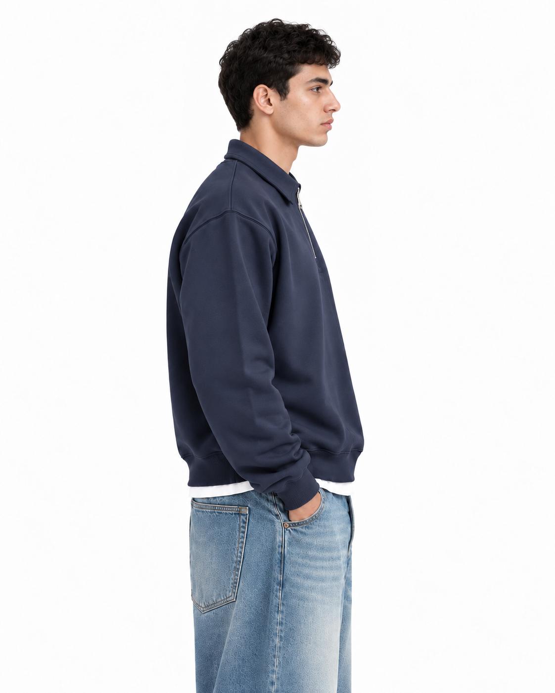 Boxy Regular Fit Zip Polo In Blue