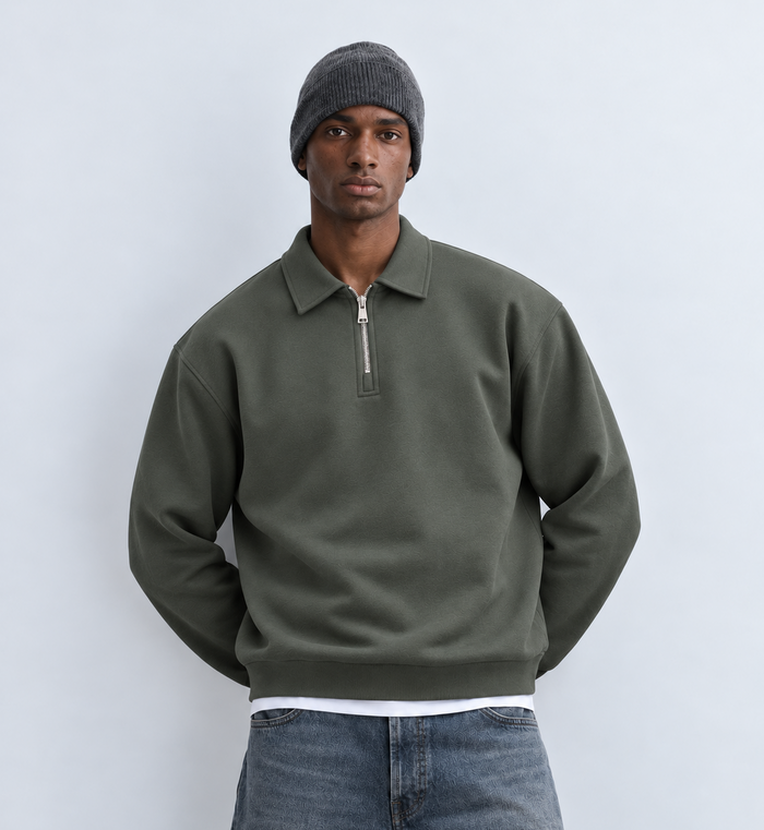 Boxy Regular Fit Zip Polo In Muted Olive