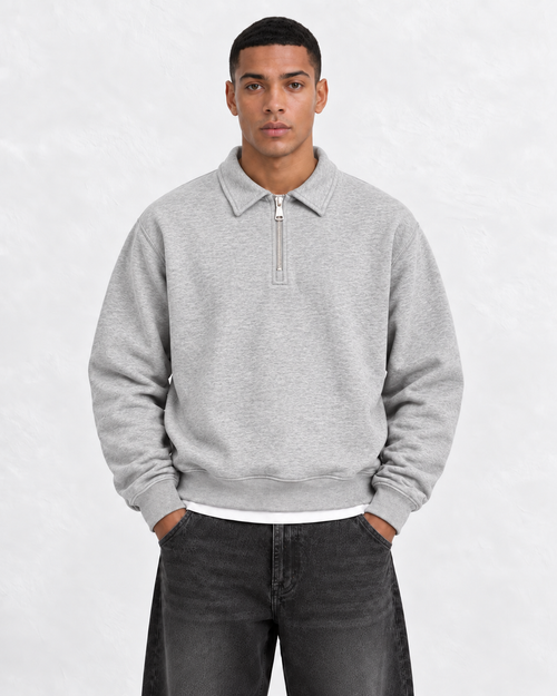 Boxy Regular Fit Zip Polo In Gray