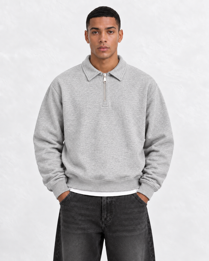 Boxy Regular Fit Zip Polo In Gray