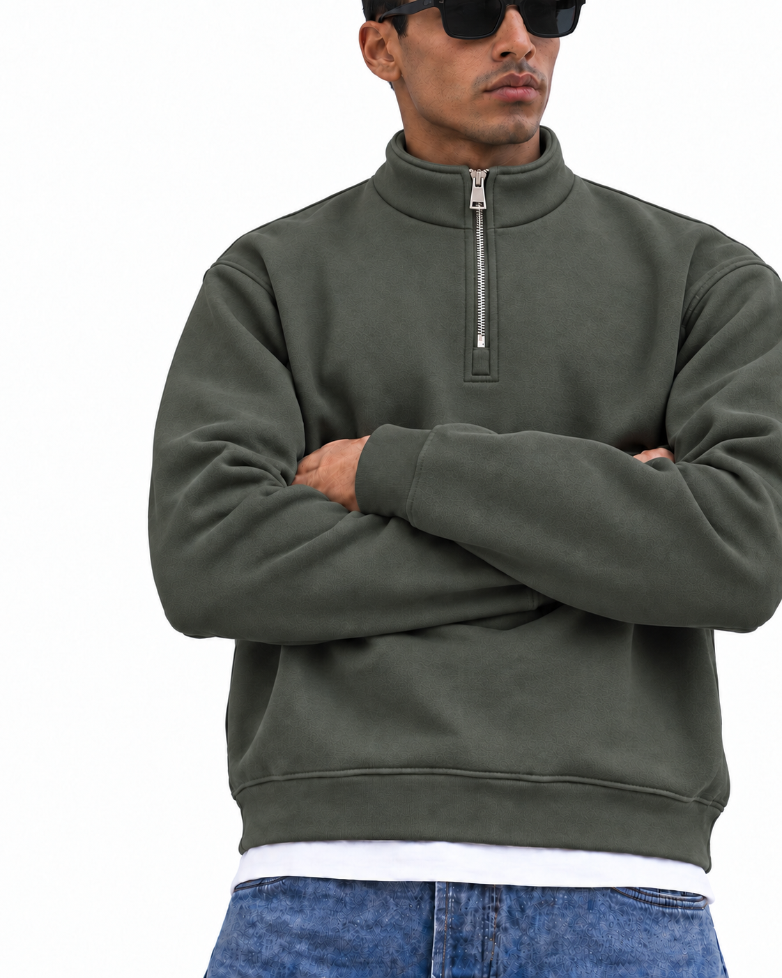 Boxy Regular Fit Quarter-Zip in Dark Green