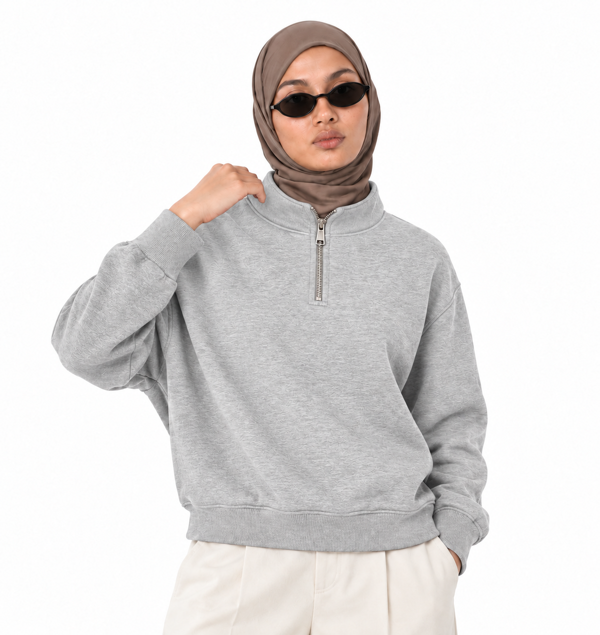 Boxy Regular Fit Quarter-Zip in Gray