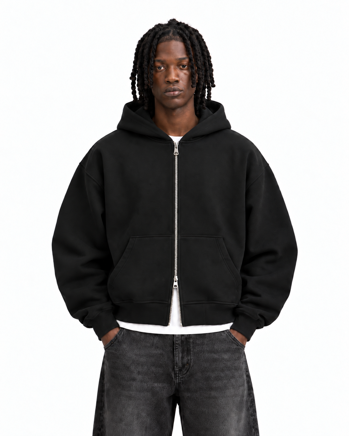 Boxy Oversized Zip-Up Hoodie in Black