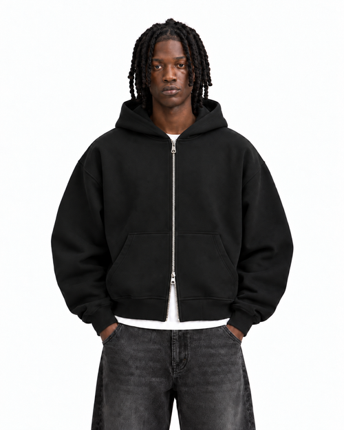 Boxy Oversized Zip-Up Hoodie in Black