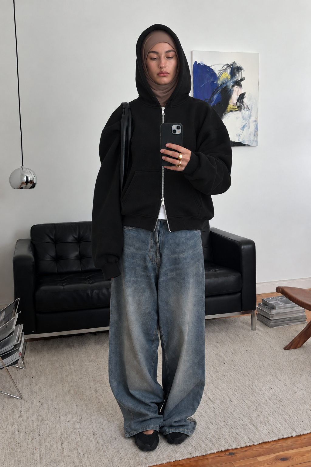 Boxy Oversized Zip-Up Hoodie in Black