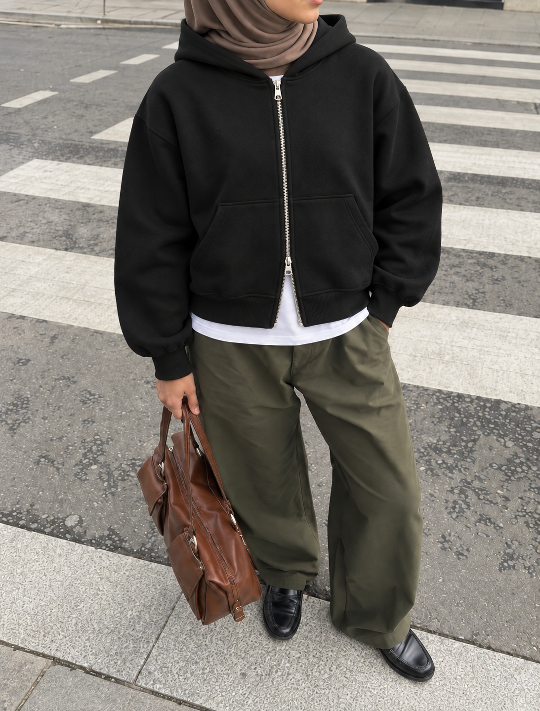 Boxy Oversized Zip-Up Hoodie in Black