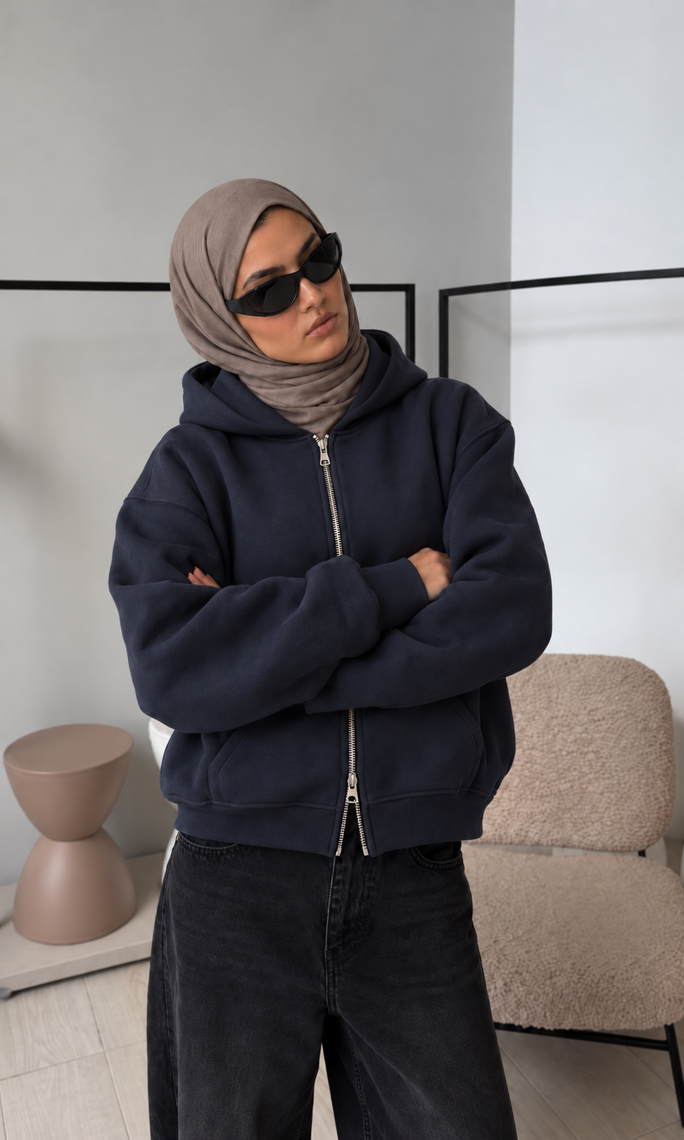 Boxy Oversized Zip-Up Hoodie in Dark Navy
