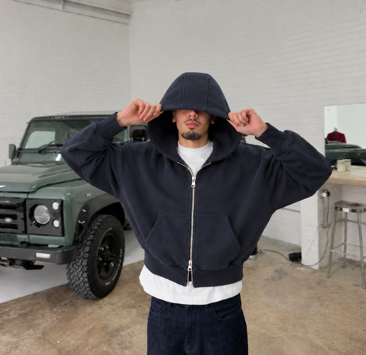 Boxy Oversized Zip-Up Hoodie in Dark Navy