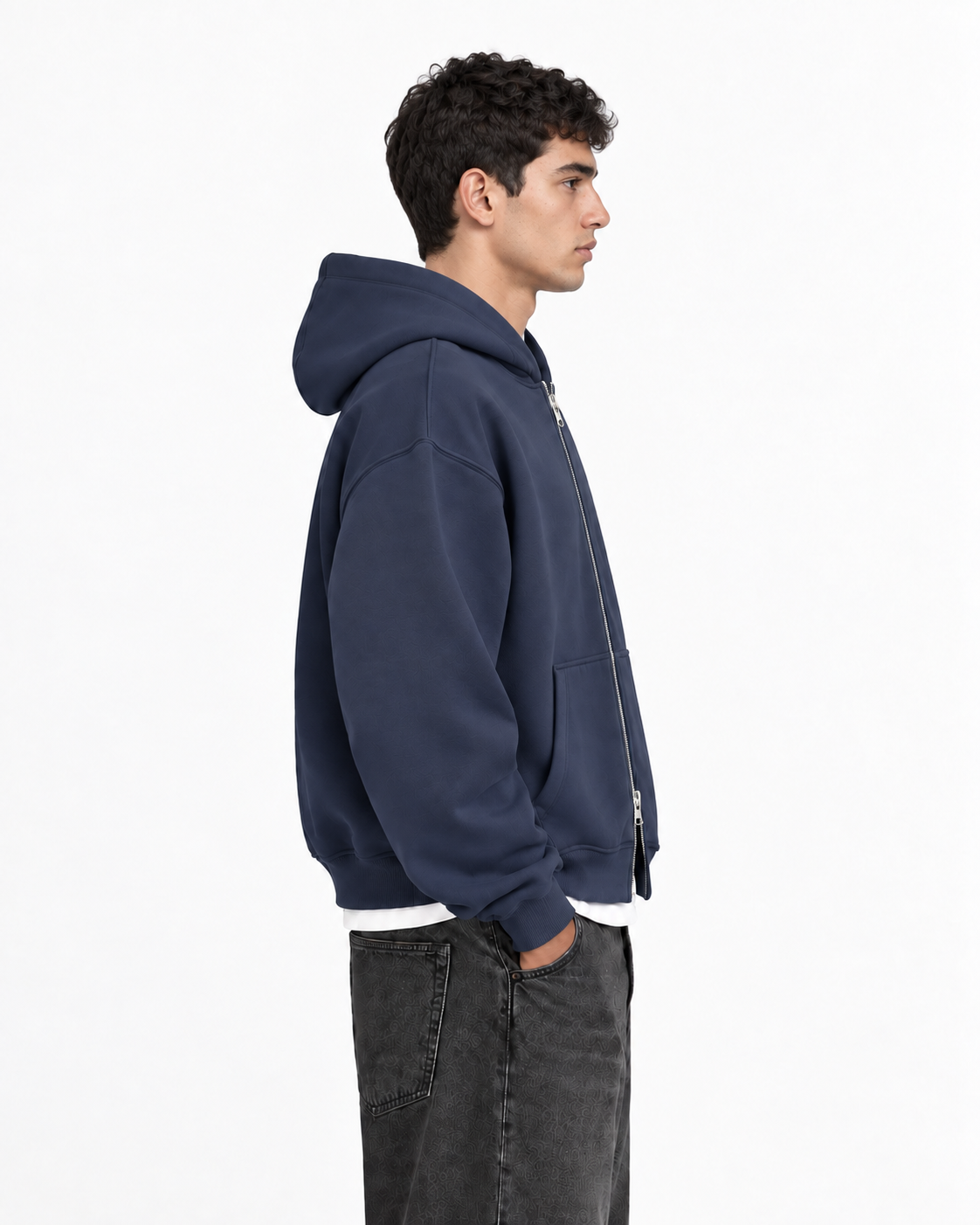 Boxy Oversized Zip-Up Hoodie in Dark Navy