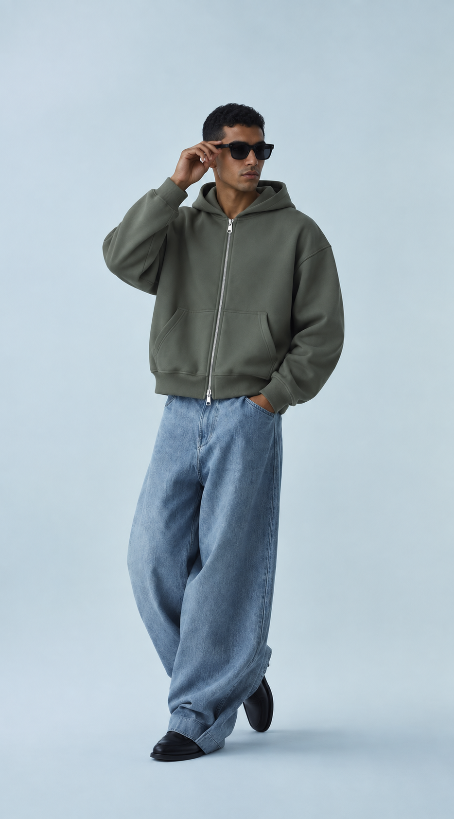 Boxy Oversized Zip-Up Hoodie in Muted Olive