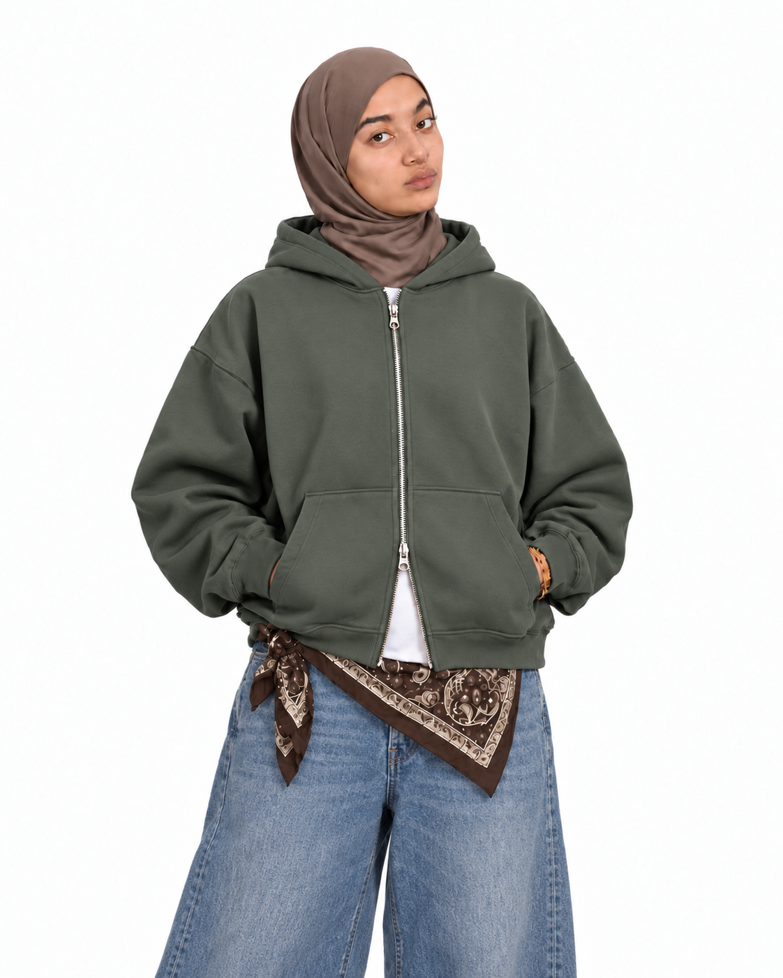 Boxy Oversized Zip-Up Hoodie in Muted Olive