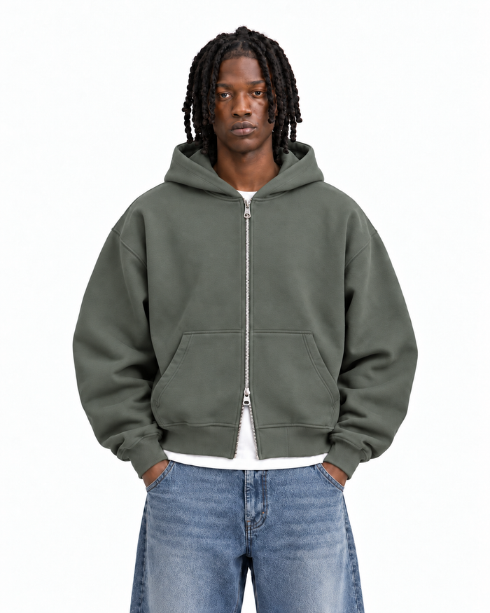 Boxy Oversized Zip-Up Hoodie in Muted Olive