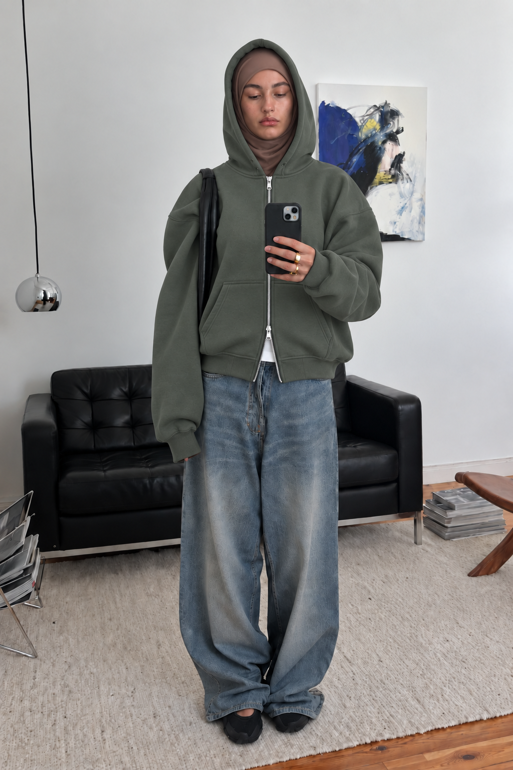Boxy Oversized Zip-Up Hoodie in Muted Olive