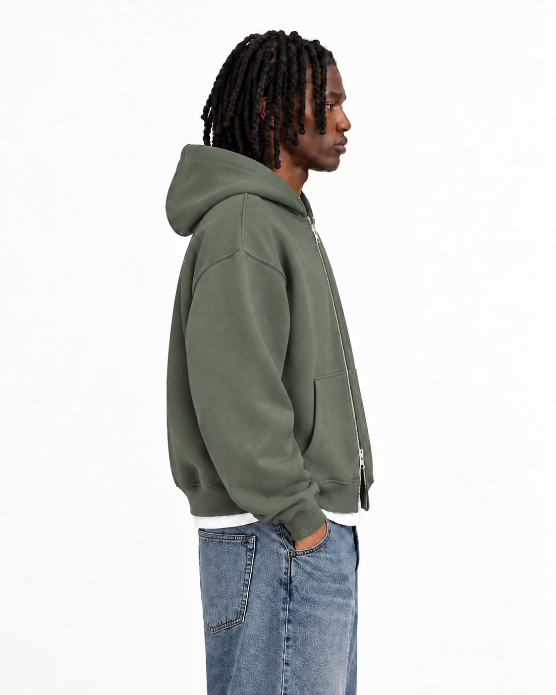 Boxy Oversized Zip-Up Hoodie in Muted Olive