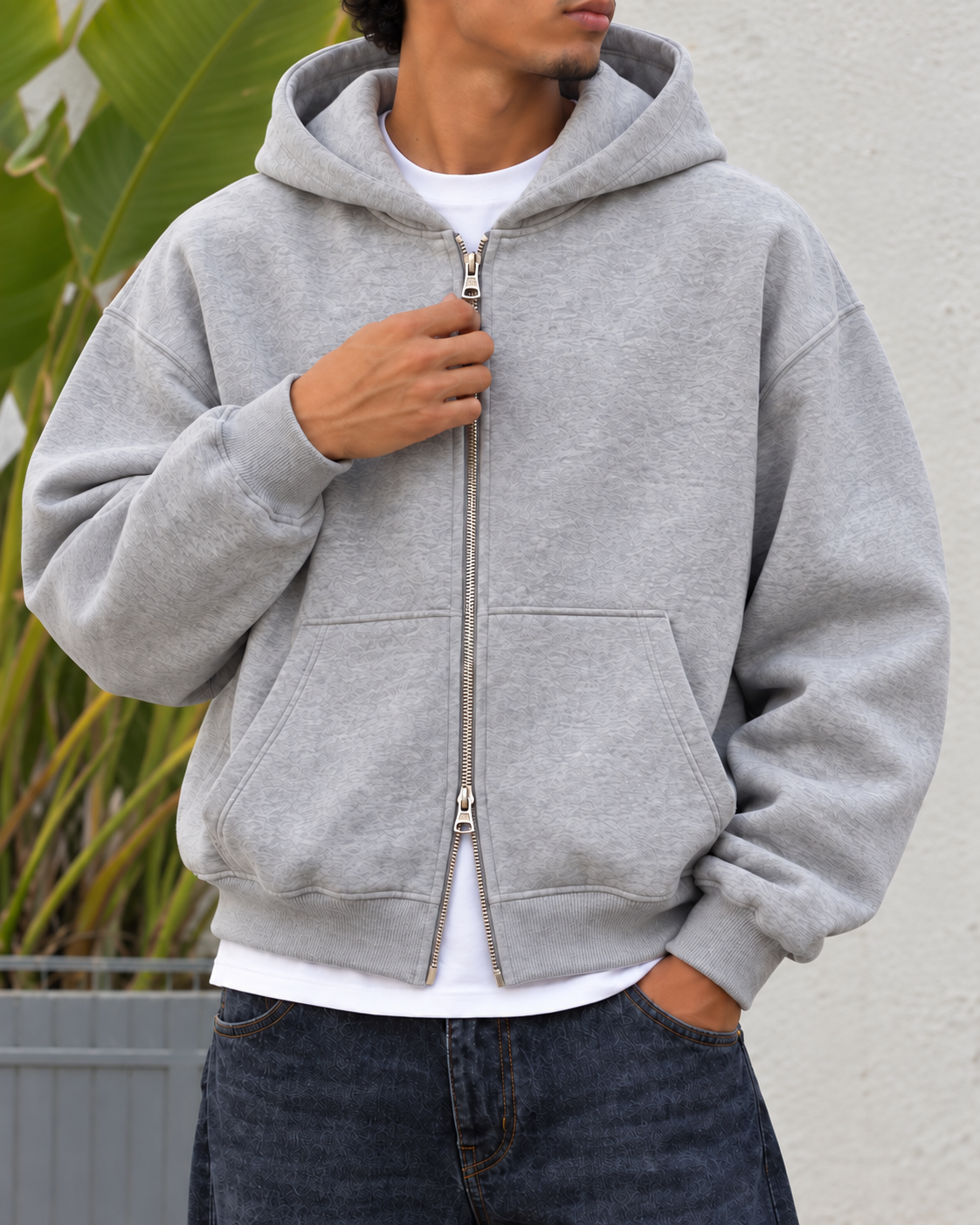 Boxy Oversized Zip-Up Hoodie in Light Gray